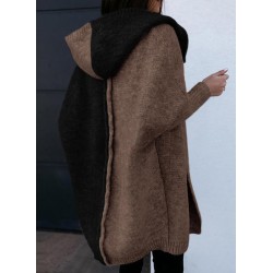 Astylish Women 2024 Open Front Long Sleeve Hooded Knit Cardigan Sweaters Color Block Outwear Coat